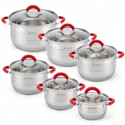 EliteHoff Topfset Induktion 12-teilig, Kochtopf Set mit Glasdeckeln und Silikongriffen, 7-lagiger Edelstahl Topf Set Induktionsgeeignet, Kochgeschirr Set für alle Herdarten, Silver/Rot (E-4028) von EliteHoff