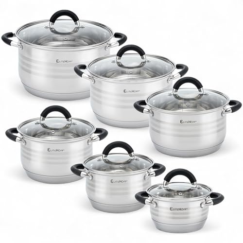 EliteHoff Topfset Induktion 12-teilig, Kochtopf Set mit Glasdeckeln und Silikongriffen, 7-lagiger Edelstahl Topf Set Induktionsgeeignet, Kochgeschirr Set für alle Herdarten, Silver/Schwarz (E-4027) von EliteHoff