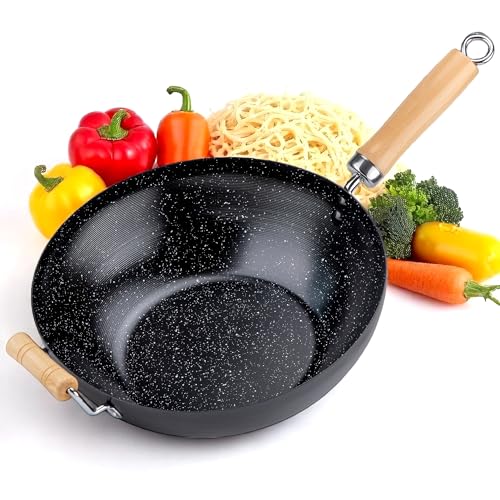 EliteHoff Wokpfanne Induktion 28 cm, Wok mit Antihaftbeschichtung, aus Karbonstahl mit Holzgriff zum Rühren und Braten, Wok Kohlenstoffstahl Induktion mit Flachem Boden für alle Herdarten (Ø 28 cm) von EliteHoff