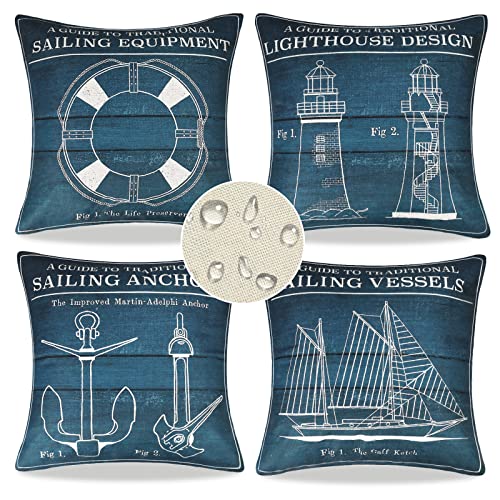 4er Set Kissenbezüge Wasserdichter Leinen Dekokissen Kissenbezug Kompass Anker Segelboot Muster Blau Kissenhülle Meeres Thema Outdoor Dekokissen für Sofa Schlafzimmer Wohnzimmer (Leuchtturm, 40x40cm) von EliteHomeComforts