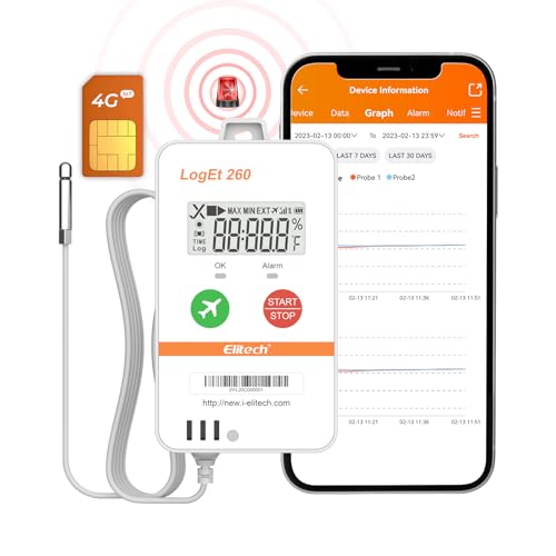 Elitech 4G LTE Echtzeit Temperatur Datenlogger für Feuchte/Licht/Erschütterung/Ortung mit SIM-Karte, Flugmodus, Cloud-Speicher, SMS/E-Mail/APP-Alarm, 100.000 Datenpunkte Loget260THE von Elitech