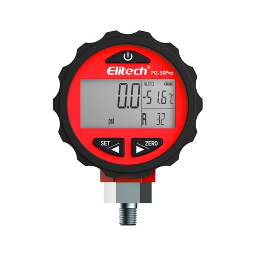 Elitech PG-30Pro Digitale Kältemittel-Druckmessgerät mit Hintergrundbeleuchtung | 88+ Kältemittel | 0-500 PSI (0-3,4 MPa) | 1/8 NPT | Kompatibel mit Manifold-Manometer | Rot von Elitech