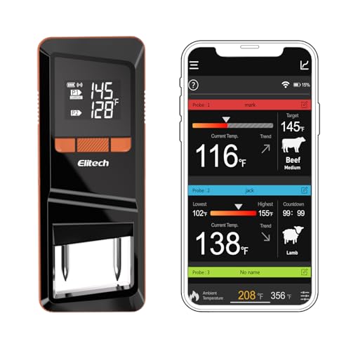Elitech Doppelsonden Bluetooth Fleischthermometer mit App – Wireless Grillthermometer für iOS/Android, 300°C hitzebeständig, Präzisionsmessung 0-100°C, WMT-20 von Elitech