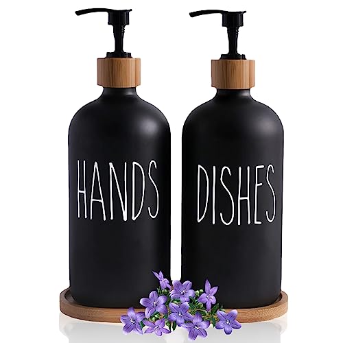 2 Stück Glas Seifenspender Schwarz Matt Set mit Tablett, 500 ml Soap Dispenser, Spülmittelspender Spender, Shampoo Flaschen zum Befüllen, Handseifenspender für Küche, Badezimmer und Dusche von Elitecran