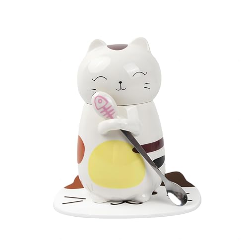 3D Katze Tasse aus Keramik, 400ml Cappuccino Tassen Katze, Katze Kaffeetasse Teetasse, Porzellan Kaffeebecher Katze Milch Tasse, Einzigartige Espressotassen mit Deckel & Löffel, Lustige Geschenke von Elitecran