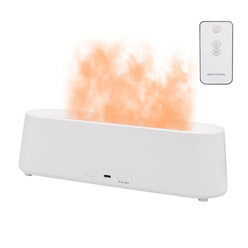 Elitecran 300ml Flammen Aromatherapie Diffusor, 7-Farben-Licht Luftbefeuchter, Aroma Diffuser für Ätherische Öle mit Fernbedienung/4 Timer, Ultraschall Humidifier, Wasserlose Abschaltautomatik (Weiß) von Elitecran