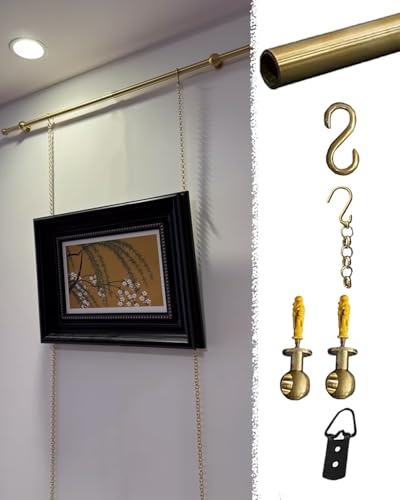 Elitix Bilderschienen Aufhängesystem Bilderschiene mit Hakenständer aus Antikem Messing, Fotogalerie-Aufhängesystem für Studiogalerien, Wandhalterung für Bilder Im Vintage-Stil(35.4inch/2.9ft/90cm) von Elitix