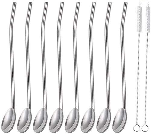 8er Set Edelstahl Trinkhalme löffel, Wiederverwendbare metall strohhalme, spülmaschinengeeignete Trink-Löffel, 2 in 1 Strohhalm & Löffel ideal als Latte Macchiato und Cocktail-Löffel, Farbe: Silber von Elitlife