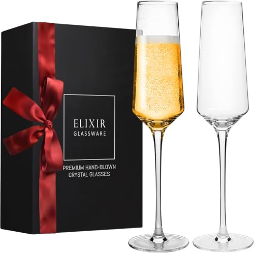 ELIXIR GLASSWARE Classy Champagnergläser – mundgeblasene Kristall-Champagnergläser – Set mit 2 eleganten Flöten – Geschenk für Hochzeit, Jahrestag, Weihnachten – 227 ml, transparent von Elixir Glassware