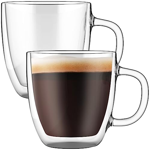 Großer Kaffeebecher, Doppelwandiges Glas Zweier-Set, 470 ml - Spülmaschinen- und mikrowellengeeignet - Durchsichtiges, einzigartiges Glas mit Henkel, wärme-isoliert, Von Elixir Glassware von Elixir Glassware