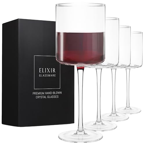 Quadratische Rotweingläser, 4er-Set – mundgeblasene Kanten moderne Weingläser mit flachem Boden einzigartige große Stiel für Cabernet, Pinot Noir, Burgunderrot, Bordeaux 480 ml klar von Elixir Glassware