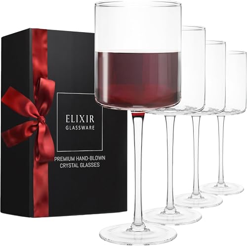 Quadratische Rotweingläser, 4er-Set – mundgeblasene Kanten moderne Weingläser mit flachem Boden einzigartige große Stiel für Cabernet, Pinot Noir, Burgunderrot, Bordeaux 480 ml klar von Elixir Glassware