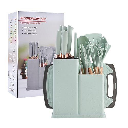 19 Teiliges Chef Küchenutensilien Silikon Set Spülmaschinenfest Hitzebeständiges Antihaft Küchenhelfer Set Silikon Mit Holzgriffen Silikon-Kochgeschirr-Set,19pcs, Aqua von Eljeczt