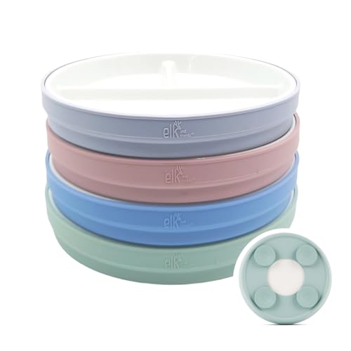 Elk and Friends 7,8 Zoll große, unterteilte Porzellanteller für Kinder mit Silikon-Saugmanschetten. Geeignet für Kleinkinder. Mikrowellen- und spülmaschinenfest. Rutschfeste Snackteller. von Elk and Friends