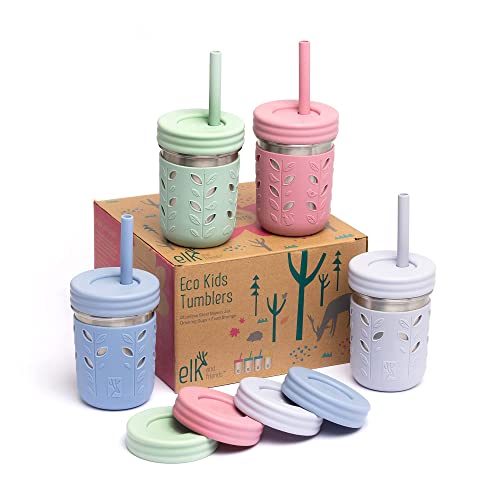 Elk and Friends Edelstahlbecher | Einmachglas 284 ml | Kinder- und Kleinkindbecher mit Silikonhüllen & Silikon-Trinkhalmen mit Stopper | Schnabelbecher, auslaufsichere Becher für Kinder von Elk and Friends