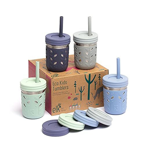 Elk and Friends Edelstahlbecher | Einmachglas 284 ml | Kinder- und Kleinkindbecher mit Silikonhüllen & Silikon-Trinkhalmen mit Stopper | Schnabelbecher, auslaufsichere Becher für Kinder von Elk and Friends