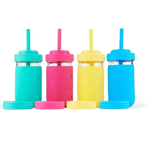 Elk and Friends Kinderbecher mit Trinkhalmen – Einmachgläser aus Glas 340 ml mit Silikonhüllen und Trinkhalmen + Strohhalm und auslaufsichere normale Deckel – auslaufsicher von Elk and Friends