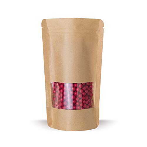 Elke-Plastic Standbodenbeutel Kraftpapier mit Sichtfenster 130x225mm I 100 Stk. I für Inhalt 500ml I Beutel mit Druckverschluss I Aromaschutzverpackung I Standbodenbeutel Verpackung Lebensmittel von Elke-Plastic