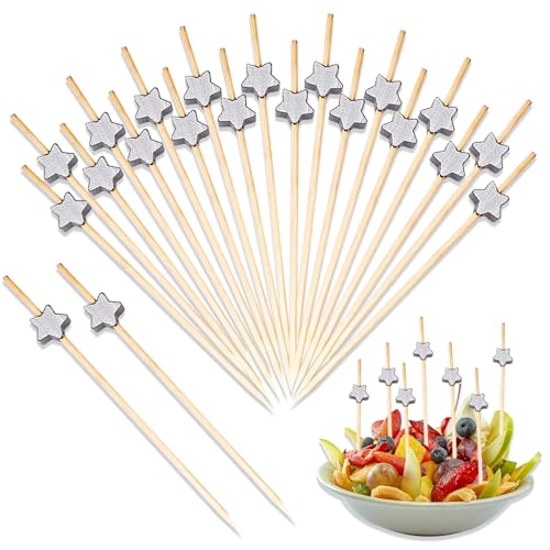 100PCS Cocktail Pick, 12cm lange handgefertigte Holz Cocktail Zahnstocher, Silver Star Mini Food Pick, Obst, Dessert, Partyzubehör Dekoration von Elkuaie