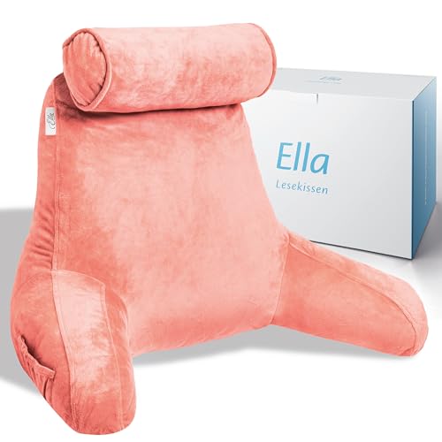 Ella Lesekissen für Bett und Sofa mit Abnehmbarer Nackenrolle - Rückenkissen Bett - Reading Pillow aus Memory Foam mit Armlehne, Ideal zum Lesen, Fernsehen, Faulenzen oder als Rückenstütze - Rosa von Ella