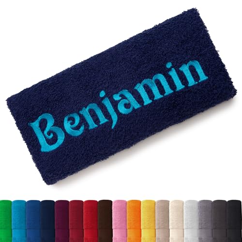 EllaTex Besticken Sie Handtuch mit Namen oder mit Wunschtext Bestickt, Farbe:Dunkelblau; Größe:Duschtuch 70x140 cm von EllaTex