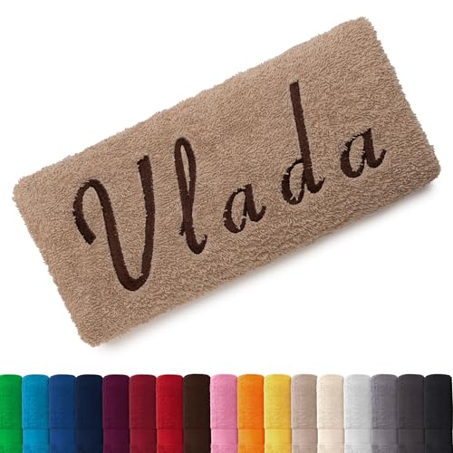 EllaTex Besticken Sie Handtuch mit Namen oder mit Wunschtext Bestickt, Farbe:Cappuccino; Größe:Duschtuch 70x140 cm von EllaTex