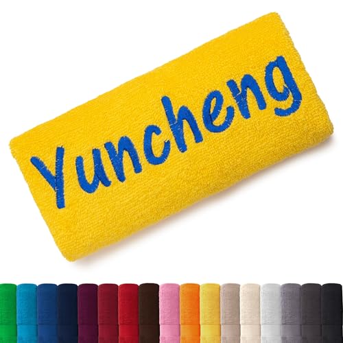 EllaTex Besticken Sie Handtuch mit Namen oder mit Wunschtext Bestickt, Farbe:Gelb; Größe:Duschtuch 70x140 cm von EllaTex