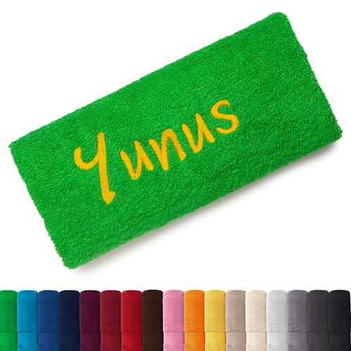 EllaTex Besticken Sie Handtuch mit Namen oder mit Wunschtext Bestickt, Farbe:Grün; Größe:Handtuch 50x100 cm von EllaTex