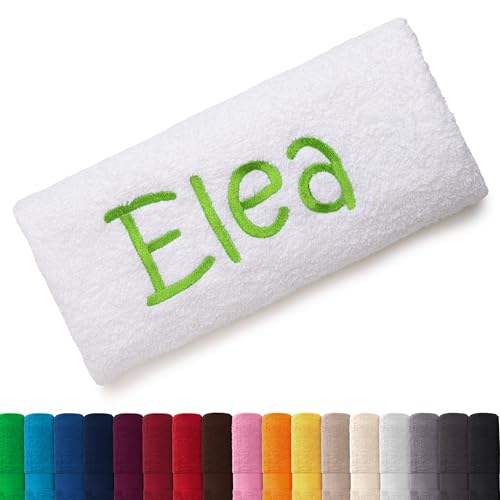 EllaTex Besticken Sie Handtuch mit Namen oder mit Wunschtext Bestickt, Farbe:Weiß; Größe:Handtuch 50x100 cm von EllaTex