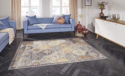 ELLE Decoration Kashmir Ghom Orientalischer Teppich - Kurzflor Vintage-Look Orientalisch Ornamente-Muster Klassischer Orientteppich für Wohnzimmer Esszimmer Flur oder Schlafzimmer Honiggelb, 120x160cm von ELLE