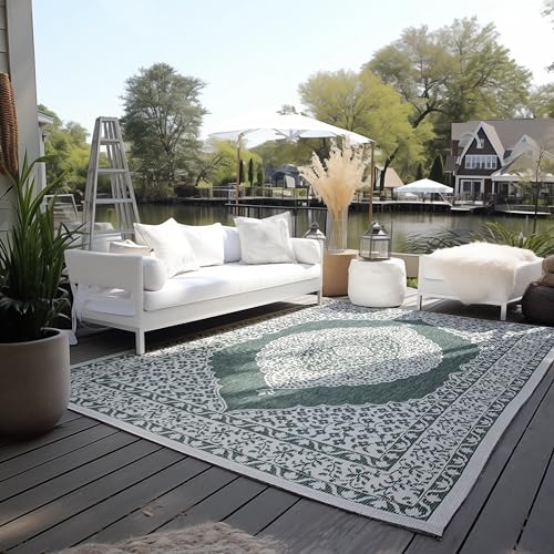 Elle Decoration In und Outdoor Teppich Orientalisch– Wendeteppich Wetterfest & Wasserfest – Vintage Design Outdoorteppich Orient für Garten, Balkon, Terrasse, Wohnzimmer – Grün, 120x170cm von ELLE Decoration