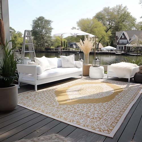 Elle Decoration In und Outdoor Teppich Orientalisch– Wendeteppich Wetterfest & Wasserfest – Vintage Design Outdoorteppich Orient für Garten, Balkon, Terrasse, Wohnzimmer – Ocker, 120x170cm von ELLE Decoration