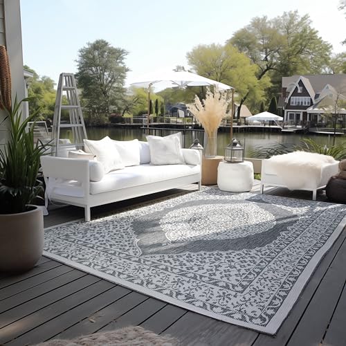 Elle Decoration In und Outdoor Teppich Orientalisch– Wendeteppich Wetterfest & Wasserfest – Vintage Design Outdoorteppich Orient für Garten, Balkon, Terrasse, Wohnzimmer – Silber, 160x230cm von ELLE Decoration