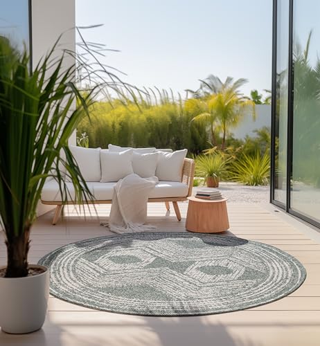 Elle Decoration In und Outdoor Teppich Rund – Wendeteppich Wetterfest & Wasserfest - Modernes Boho Ethno Muster Runder Outdoorteppich für Garten, Balkon, Terrasse, Wohnzimmer – Grün, 100cm von ELLE Decoration