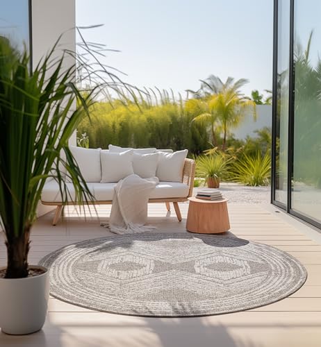 Elle Decoration In und Outdoor Teppich Rund – Wendeteppich Wetterfest & Wasserfest - Modernes Boho Ethno Muster Runder Outdoorteppich für Garten, Balkon, Terrasse, Wohnzimmer – Linen, 100cm von ELLE Decoration