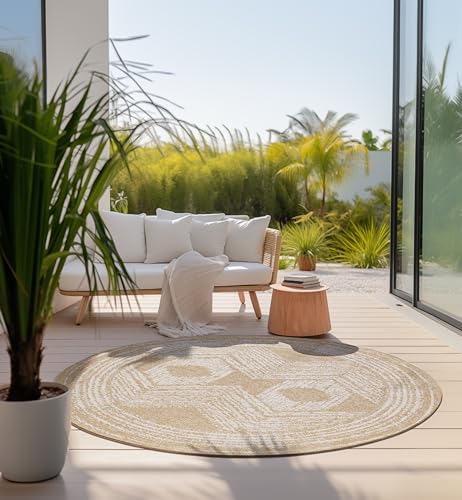 Elle Decoration In und Outdoor Teppich Rund – Wendeteppich Wetterfest & Wasserfest - Modernes Boho Ethno Muster Runder Outdoorteppich für Garten, Balkon, Terrasse, Wohnzimmer – Ocker, 100cm von ELLE Decoration