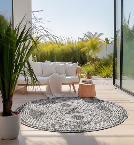 Elle Decoration In und Outdoor Teppich Rund – Wendeteppich Wetterfest & Wasserfest - Modernes Boho Ethno Muster Runder Outdoorteppich für Garten, Balkon, Terrasse, Wohnzimmer – Schwarz, 100cm von ELLE Decoration