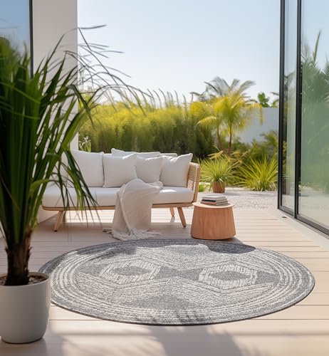 Elle Decoration In und Outdoor Teppich Rund – Wendeteppich Wetterfest & Wasserfest - Modernes Boho Ethno Muster Runder Outdoorteppich für Garten, Balkon, Terrasse, Wohnzimmer – Silber, 140cm von ELLE Decoration