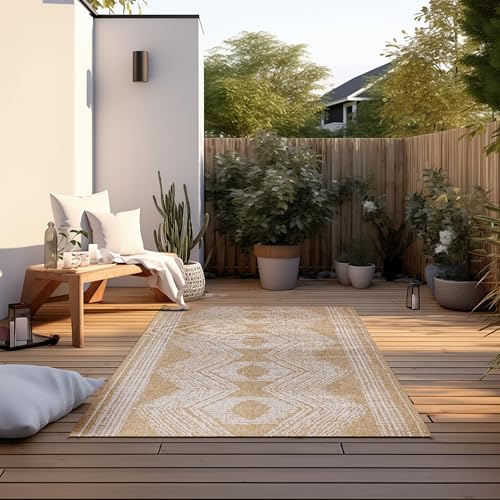 Elle Decoration In und Outdoor Teppich – Wendeteppich Wetterfest & Wasserfest - Modernes Boho Ethno Muster Geometrisch Outdoorteppich für Garten, Balkon, Terrasse, Wohnzimmer – Ocker, 160x230cm von ELLE Decoration