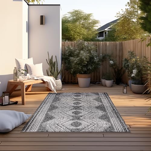 Elle Decoration In und Outdoor Teppich – Wendeteppich Wetterfest & Wasserfest - Modernes Boho Ethno Muster Geometrisch Outdoorteppich für Garten, Balkon, Terrasse, Wohnzimmer – Schwarz, 120x170cm von ELLE Decoration