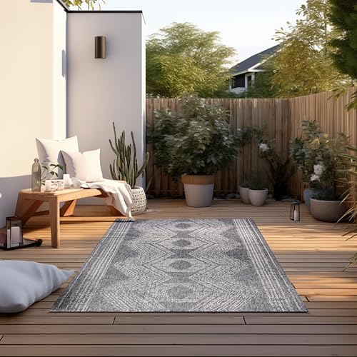 Elle Decoration In und Outdoor Teppich – Wendeteppich Wetterfest & Wasserfest - Modernes Boho Ethno Muster Geometrisch Outdoorteppich für Garten, Balkon, Terrasse, Wohnzimmer – Silber, 160x230cm von ELLE Decoration