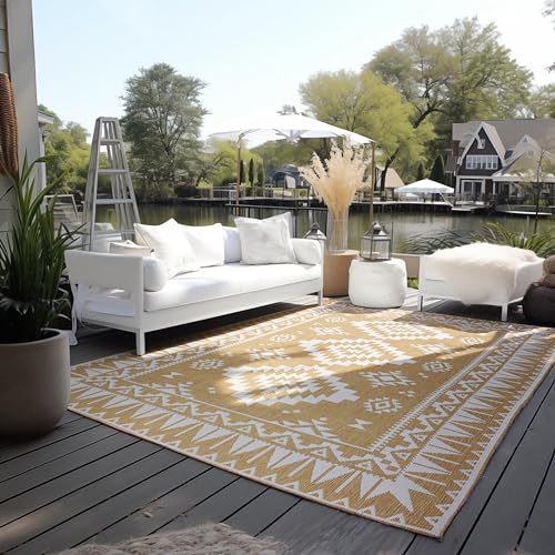 Elle Decoration In und Outdoor Teppich – Wendeteppich Wetterfest & Wasserfest - Modernes Geometrisches Muster Rauten Muster Outdoorteppich für Garten, Balkon, Terrasse, Wohnzimmer – Ocker, 200x290cm von ELLE Decoration