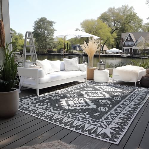 Elle Decoration In und Outdoor Teppich – Wendeteppich Wetterfest & Wasserfest - Modernes Geometrisches Muster Rauten Muster Outdoorteppich für Garten, Balkon, Terrasse, Wohnzimmer – Schwarz, 120x170cm von ELLE Decoration