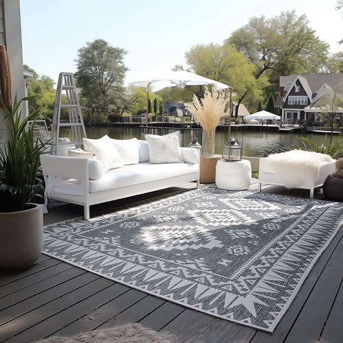 Elle Decoration In und Outdoor Teppich – Wendeteppich Wetterfest & Wasserfest - Modernes Geometrisches Muster Rauten Muster Outdoorteppich für Garten, Balkon, Terrasse, Wohnzimmer – Silber, 160x230cm von ELLE Decoration