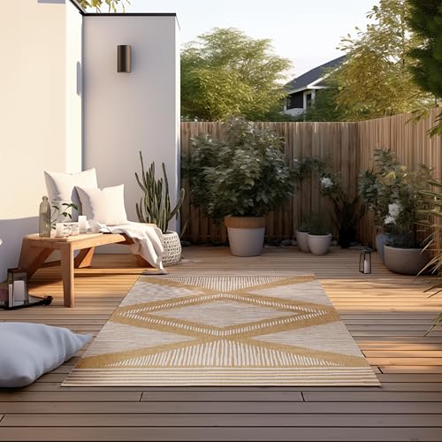 Elle Decoration In und Outdoor Teppich – Wendeteppich Wetterfest & Wasserfest - Modernes Rauten Muster Geometrisches Muster Outdoorteppich für Garten, Balkon, Terrasse, Wohnzimmer – Ocker, 120x170cm von ELLE Decoration