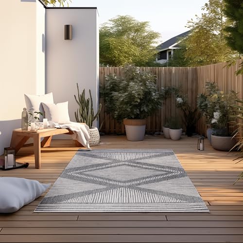 Elle Decoration In und Outdoor Teppich – Wendeteppich Wetterfest & Wasserfest - Modernes Rauten Muster Geometrisches Muster Outdoorteppich für Garten, Balkon, Terrasse, Wohnzimmer – Silber, 120x170cm von ELLE Decoration