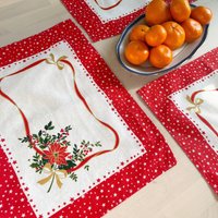 Vintage Weihnachts Tischsets // 80Er Jahre Festliche Servietten Rot, 4Er Set von EllieAndBarby