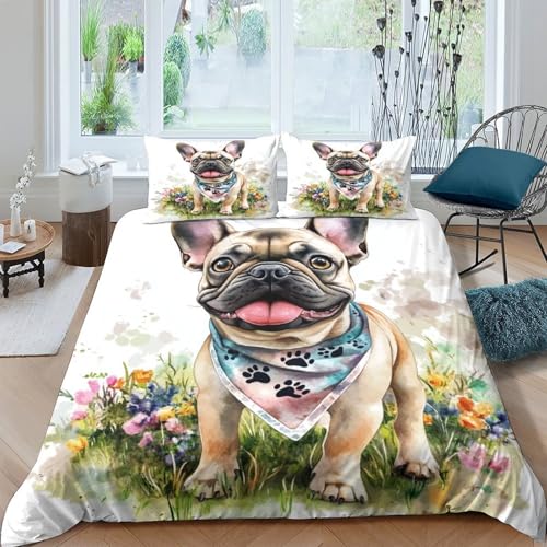 FRANZÖSISCHE BULLDOGGEGE Bettbezug 3D Gedruckte Tiere Bettwäsche Mit 2 Kissenbezügen Und Reißverschluss Schlafzimmer Dekor 3 Teilig Für Kinder Jugendliche Erwachsene Double（200x200cm） von EllieAu