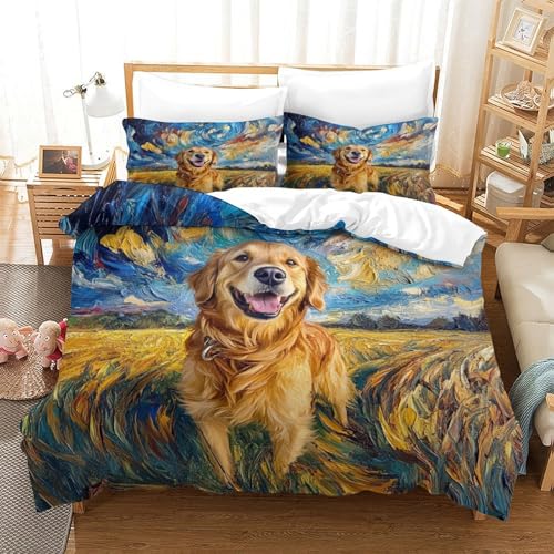 Golden Retriever Bettbezug 3D Gedruckte Tiere Bettwäsche Mit 2 Kissenbezügen Und Reißverschluss Mikrofaser 3 Teilig Ür Erwachsene Kinder Single（140x200cm） von EllieAu