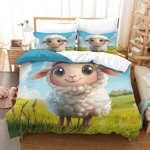 Lamm Bettbezug Tiere Motiv Bettwäsche-Set Mit 2 Kissenbezug Und Reißverschluss Mikrofaser 3 Teilig Für Kinder Jugendliche Erwachsene Super King（260x220cm） von EllieAu